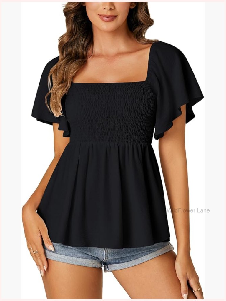 Square Neck Smocked Peplum Blouse Top Ruffle Short Sleeve Flowy Babydoll Shirt